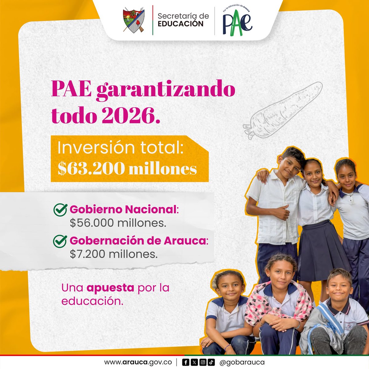 GobArauca's tweet photo. ¡No más niños sin PAE!

Más de $63.200 millones garantizan el PAE en 2026, alcanzando la cobertura universal en los 7 municipios araucanos.

Estamos al 100% con el #MejorPAEdeColombia https://t.co/WqzgKo3x7q