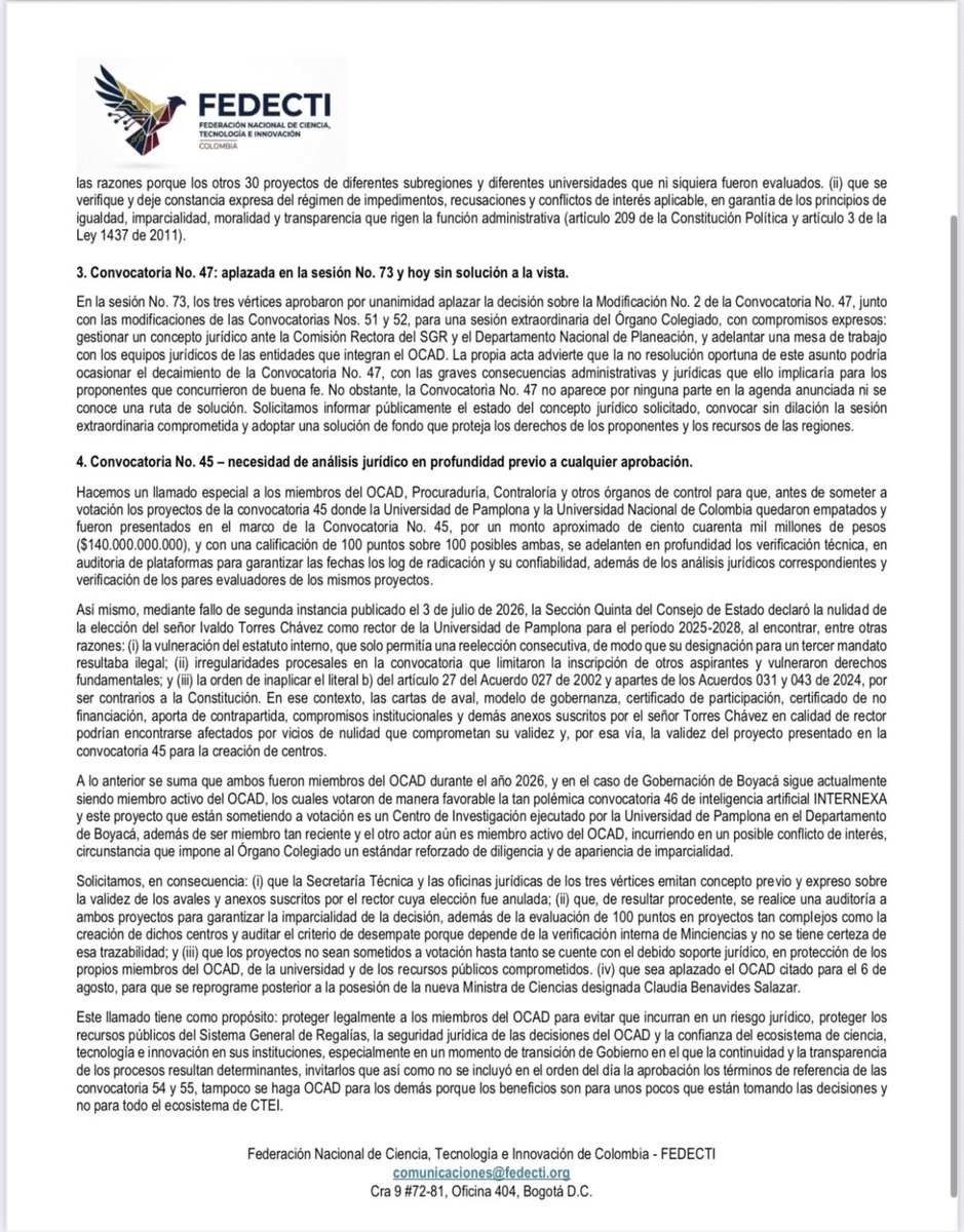 UltimaHoraCR's tweet photo. #Actualidad | La Federación Nacional de Ciencia, Tecnología e Innovación (FEDECTI) pidió aplazar la sesión del Órgano Colegiado de Administración y Decisión (OCAD) de Ciencia, Tecnología e Innovación, convocada para este 6 de agosto. La entidad alertó sobre riesgos jurídicos, posibles conflictos de interés y pidió revisar el proceso antes de aprobar 49 proyectos por $735.000 millones de regalías.

https://t.co/v2vIVVIdMM
