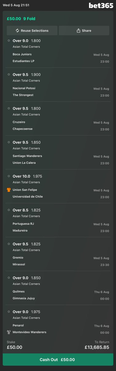 footyhustle's tweet photo. 🚨 THIS COULD GET CRAZY… 🚨

💷 Stake: £50
💰 Potential Return: £13,685.85

Asian corners selections. One monster payout.

We’re either celebrating tonight… or loading up again tomorrow. 😤📈

❤️ Like if you’re tailing.
🔁 RT for good luck. 🍀 https://t.co/UElv28Gtza