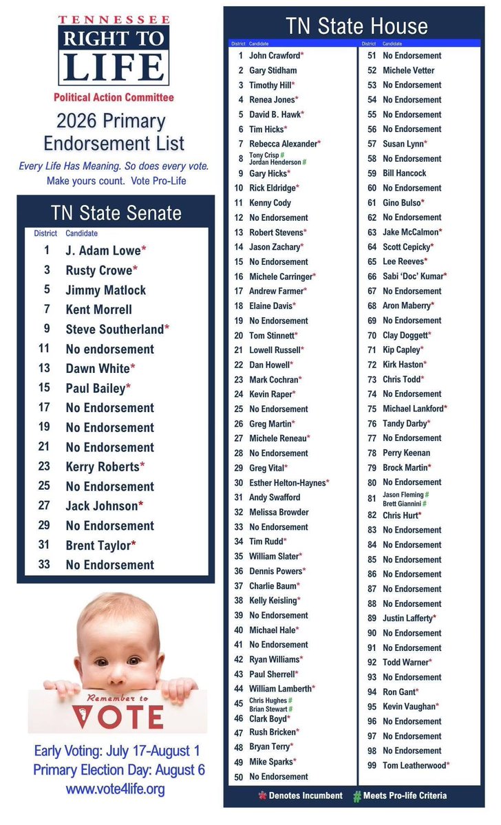 tnrighttolife's tweet photo. Tomorrow is ELECTION DAY! 
EVERY Pro-Life VOTE MATTERS! 
Tennessee Right to Life PAC Endorsed Candidates are worth showing up for! Make a plan and get out to vote. https://t.co/TjwQ65udX4