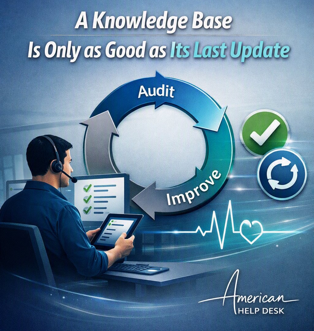 american_help's tweet photo. A knowledge base is only as good as its last update. Audit. Improve. Repeat. #KnowledgeManagement #ITSupport #MSP https://t.co/IUCrblyFq0