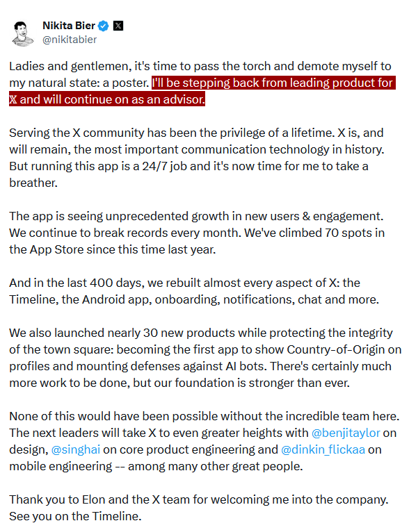 disclosetv's tweet photo. JUST IN - Nikita Bier resigns as X's Head of Product, will continue as an "advisor." https://t.co/UQXX9uzsZp