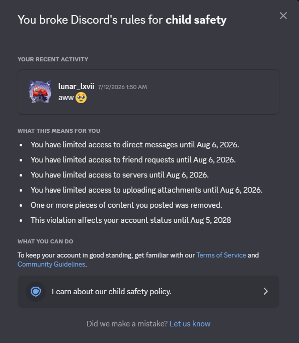 SOMEONEONCESAlD's tweet photo. nice one discord LMFAO @discord thats a valid reason for a "child safety" strike xD https://t.co/dxGrhnc1YT