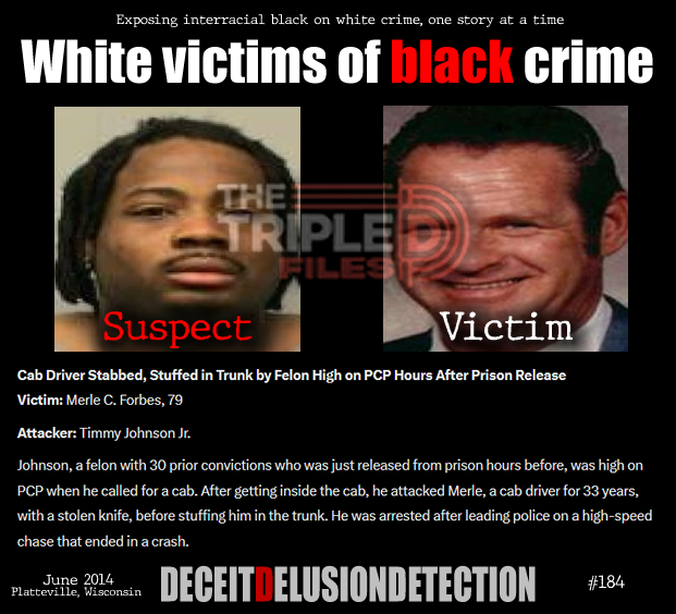thetripledshow's tweet photo. 🚨Cab Driver Stabbed, Stuffed in Trunk by Felon High on PCP Hours After Prison Release
Victim: Merle C. Forbes, 79
Attacker: Timmy Johnson Jr.
Johnson, a felon with 30 prior convictions who was just released from prison hours before, was high on PCP when he called for a cab. After getting inside the cab, he attacked Merle, a cab driver for 33 years, with a stolen knife, before stuffing him in the trunk. He was arrested after leading police on a high-speed chase that ended in a crash.
“We do not promote hate — we expose it.”
https://t.co/ZTGNVDG8V5