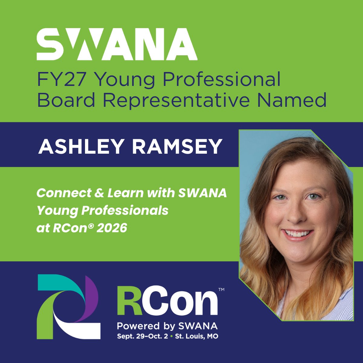 SWANA's tweet photo. 🎉🗳️Ashley Ramsey is elected by her peers as the FY27 SWANA Young Professionals Rep. on the Board!

Connect with her &amp; more YPs at #SWANARCon during "Imposter Syndrome in Technical Fields: Let's Talk About It."

✅ Register: https://t.co/41X6jws3m1

📍 Sept. 29-Oct. 2 | St. Louis https://t.co/zJ8PNzagra