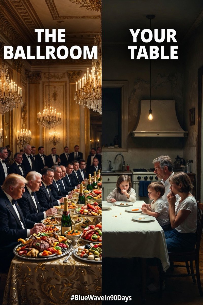 mjfree's tweet photo. While Trump and his billionaire buddies feast in his new billion dollar ballroom, you and your family will be starving at home #BlueWaveIn90Days https://t.co/vQo83LOyzD