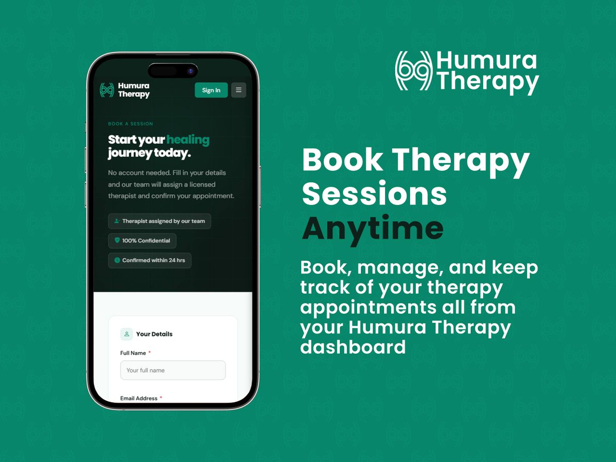 HumuraTherapy's tweet photo. Life doesn't pause, and neither should your mental wellbeing. 💚

Book, manage, and track your therapy sessions from your dashboard—whether online or in person. 
Less time managing appointments. More time focusing on your wellbeing. 

📅Book a session: https://t.co/jZPdxetIz6 https://t.co/FuP3fKENmt