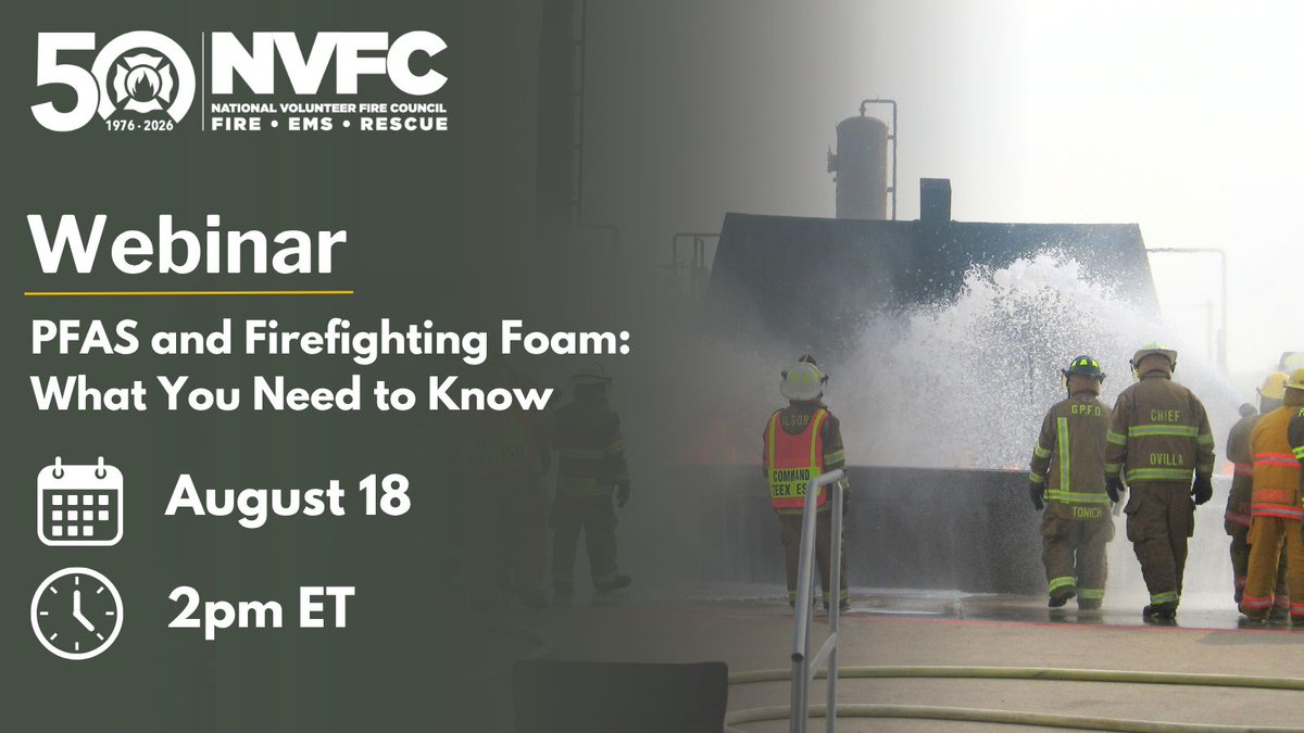 NVFC's tweet photo. PFAS-free firefighting foam is generating a lot of attention, but questions remain. 

Join us on August 18 at 2pm ET for a free NVFC webinar to separate fact from fiction on PFAS-free firefighting foams.

Register today: https://t.co/N0jgxJgksZ https://t.co/8eyvzmr2f7