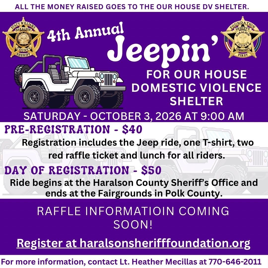 HaralsonSheriff's tweet photo. We are so excited to host the 4th annual Jeepin’ for Our House Domestic Violence Shelter event! For more information, you can visit the website below or call 770-646-2011 to speak with Lt. Mecillas.
https://t.co/6RcAZbrZal
#EndDV
#DVAwareness
#JeepRide
#RideAgainstDV
#HSF
#HCSO https://t.co/F3iNMeoAeZ