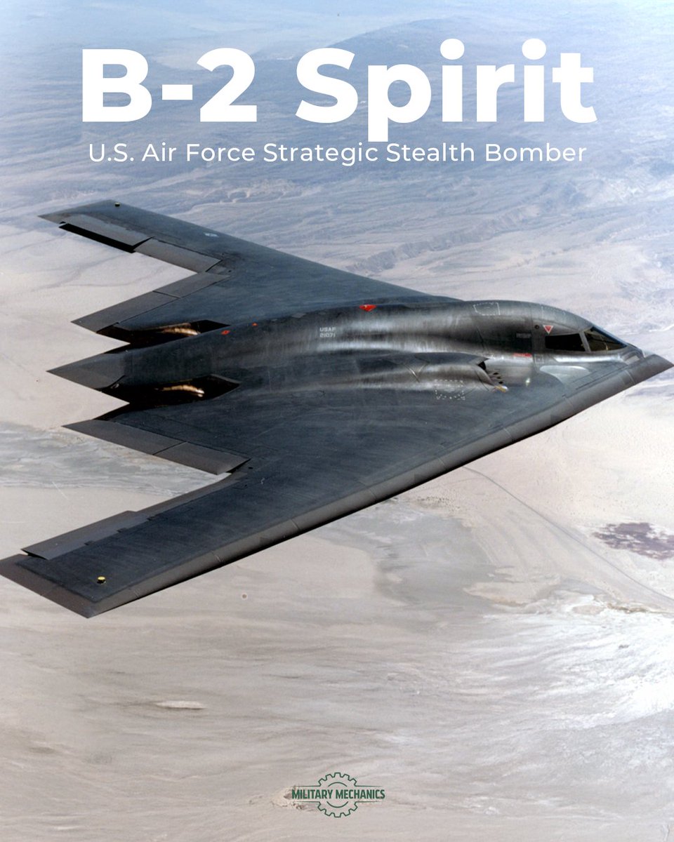 MilitaryMechs's tweet photo. The B-2 Spirit's flying wing design and radar-absorbent coating give it a radar cross-section the size of a large bird despite carrying up to 40,000 lbs of conventional or nuclear weapons in its internal bay. 

#StealthBomber #USAirForce #MilitaryMechanics https://t.co/LL1GgaJsFB