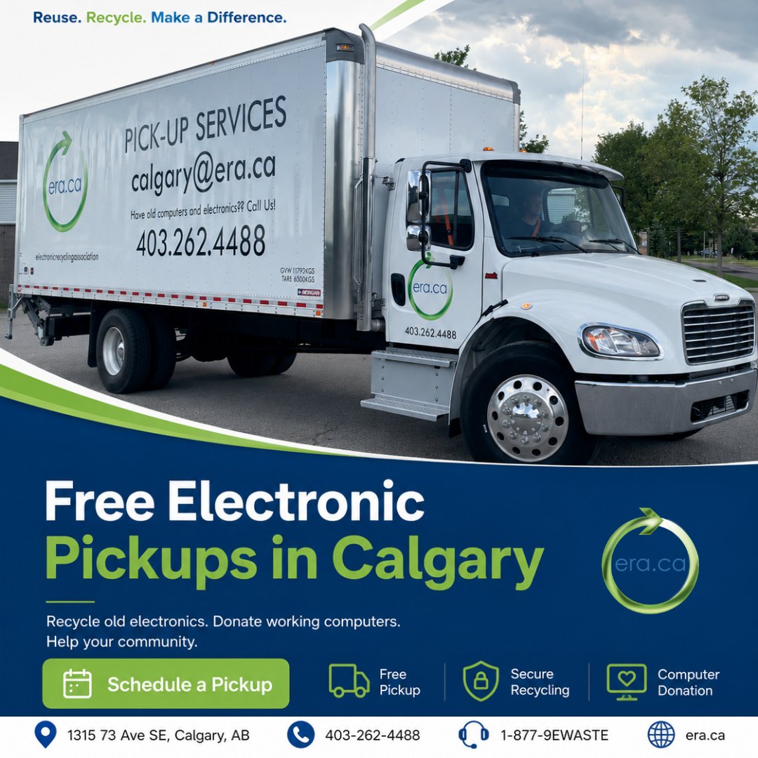 DonateRecycleIT's tweet photo. Electronic Pickups in Calgary!

Have old electronics or working computers you no longer need? 
ERA offers convenient pickup services to help Calgary residents and organizations recycle responsibly while supporting local communities.

Your reusable devices may be refurbished and donated to charities, schools, and individuals in need. Equipment that cannot be reused is recycled securely and responsibly.

📍 1315 73 Ave SE, Calgary, AB
📞 403-262-4488
☎️ 1-877-9EWASTE
🌐 https://t.co/g2vyCRgxO7

Schedule your electronic pickup today and help reduce e-waste while making a difference.

#ElectronicRecycling #Calgary #YYC #EWasteRecycling #ComputerDonation #Sustainability #CommunitySupport #ERACanada