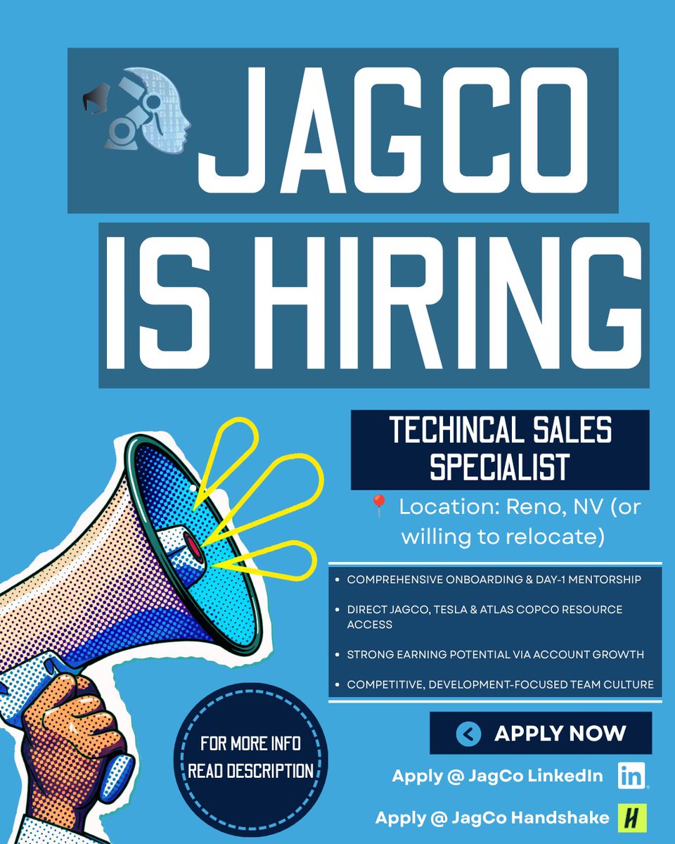 JagcoGlobal's tweet photo. ๐จ We're hiring!
JagCo is looking for a Technical Sales Specialist in Reno, NV.
Build relationships. Drive innovation. Grow your career.
Apply via LinkedIn or Handshake (links in the comments).
#JagCo #NowHiring #TechnicalSales #RenoJobs #Automation #Manufacturing https://t.co/tsYL64PSpY