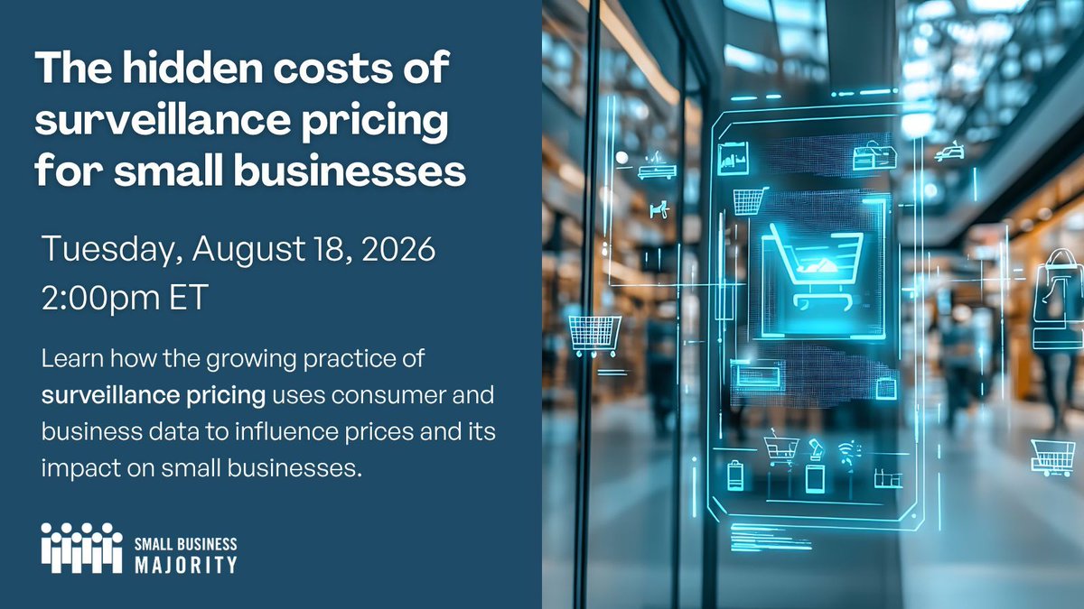 SmlBizMajority's tweet photo. What is surveillance pricing, and how does it affect small business? Join us and @Groundwork to learn how this growing practice by big online retailers impacts small business owners. https://t.co/ABYNrdVVFe https://t.co/oNCCSjRchU