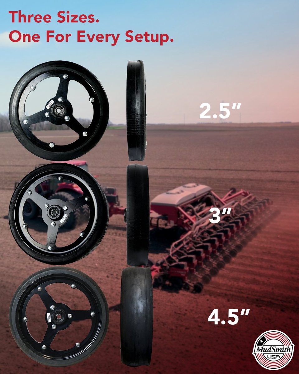 mudsmithGW's tweet photo. We make the MudSmith Gauge Wheel in three sizes, 2.5", 3", and 4.5", because not every planter setup runs the same.

The 2.5" fits standard setups running in typical conditions.
The 3" is what we recommend when you're running a residue manager.
The 4.5" is built for heavier conditions where you need more rubber between you and the ground.

Not sure which size fits your setup? ☝️ Click the link in our bio; we're happy to help you figure it out.