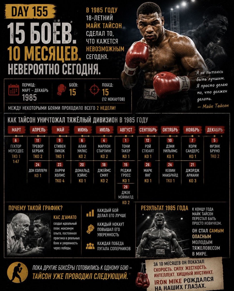 YuryIak's tweet photo. DAY 155
In 1985, 18-year-old Mike Tyson fought 15 times in just 10 months.
15 fights.
15 wins.
A relentless rise that turned a young prospect into the most feared heavyweight in boxing.
The legend was built one knockout at a time. 🥊
#MikeTyson #IronMike #Day155 #BoxingHistor https://t.co/hvVIMJ7YLx