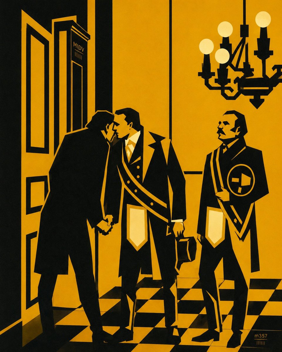 Masoneria357's tweet photo. El peso del silencio
Tres figuras, una confidencia y un salón reducido a negro, oro y geometría. El susurro rompe la rigidez frontal; el pavimento prolonga la tensión; la lámpara domina sin revelar. No hay espectáculo ni exceso: solo jerarquía, distancia y reserva. https://t.co/I3rb0ylW9f