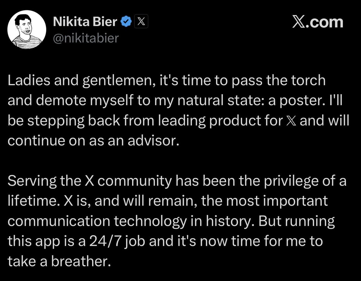 CreeCoder's tweet photo. 🚨 BREAKING: Nikita is stepping down as Head of Product at X. https://t.co/FtvvK2pZhb