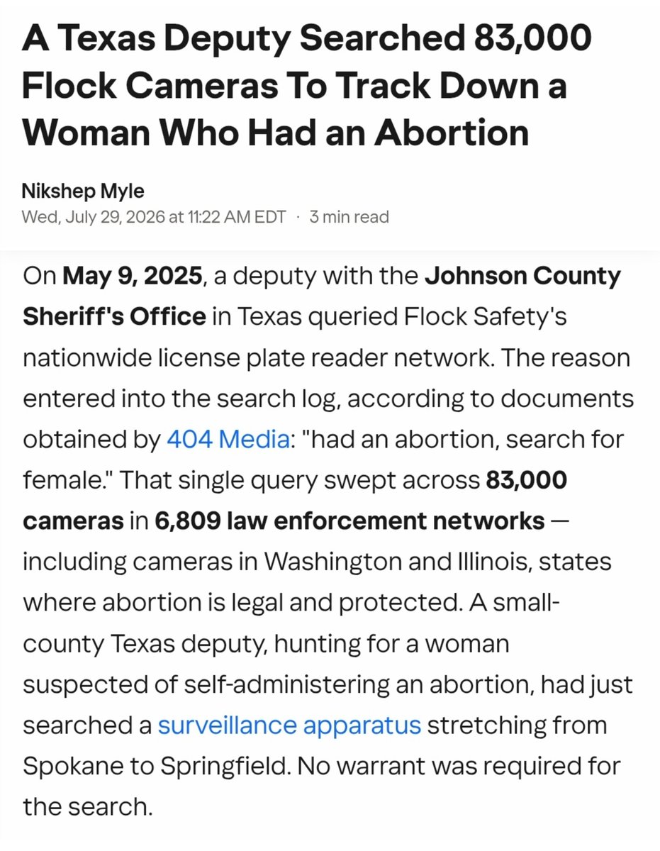 JessPected's tweet photo. This story about police using Flock cameras to hunt a woman suspected of abortion is also a story about how forced-birthers have gifted violent men a weapon to force women to accept their violence or be punished. Her partner reported her for abortion after he beat her &amp; she fled. https://t.co/0R4xvt5MCb