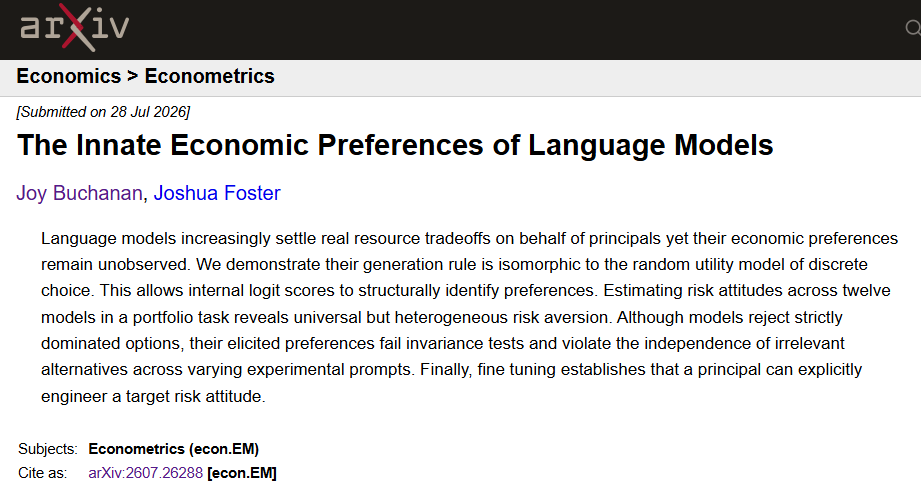 aboutJoy's tweet photo. Language models increasingly make decisions that allocate real resources. When the human principal has not specified every tradeoff, what preferences govern the choice?  
Our new paper, with @joshuarfoster, investigates. #EconTwitter 🧵1/n https://t.co/uGOUcT62uG