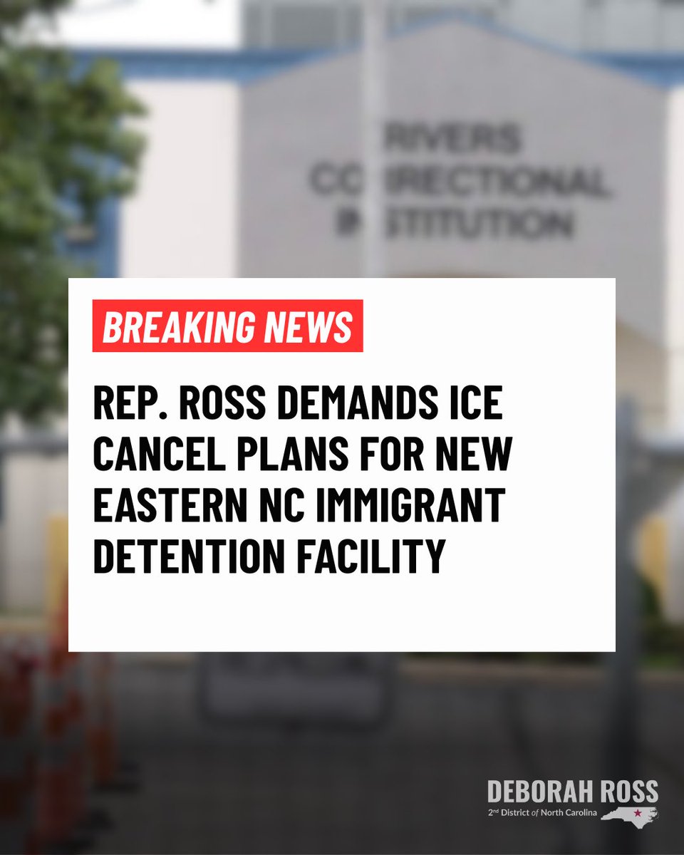 RepDeborahRoss's tweet photo. ICYMI: ICE announced plans for a new immigrant detention facility at a problematic prison in Eastern NC. I have called on the Trump admin to cancel these plans immediately. 

This admin continues to violate the safety and human dignity of immigrants. We can't let them expand this abuse in our state.