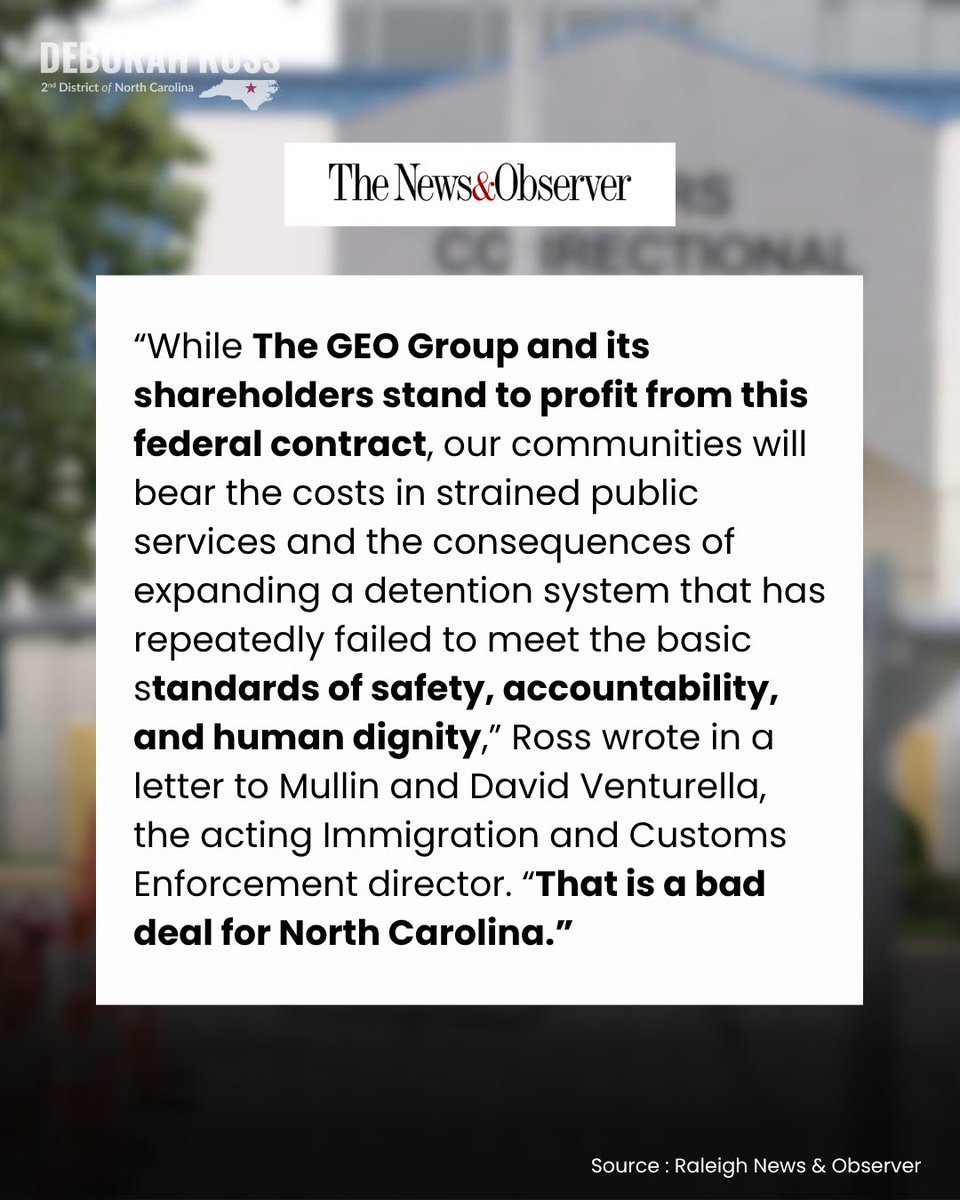 RepDeborahRoss's tweet photo. ICYMI: ICE announced plans for a new immigrant detention facility at a problematic prison in Eastern NC. I have called on the Trump admin to cancel these plans immediately. 

This admin continues to violate the safety and human dignity of immigrants. We can't let them expand this abuse in our state.