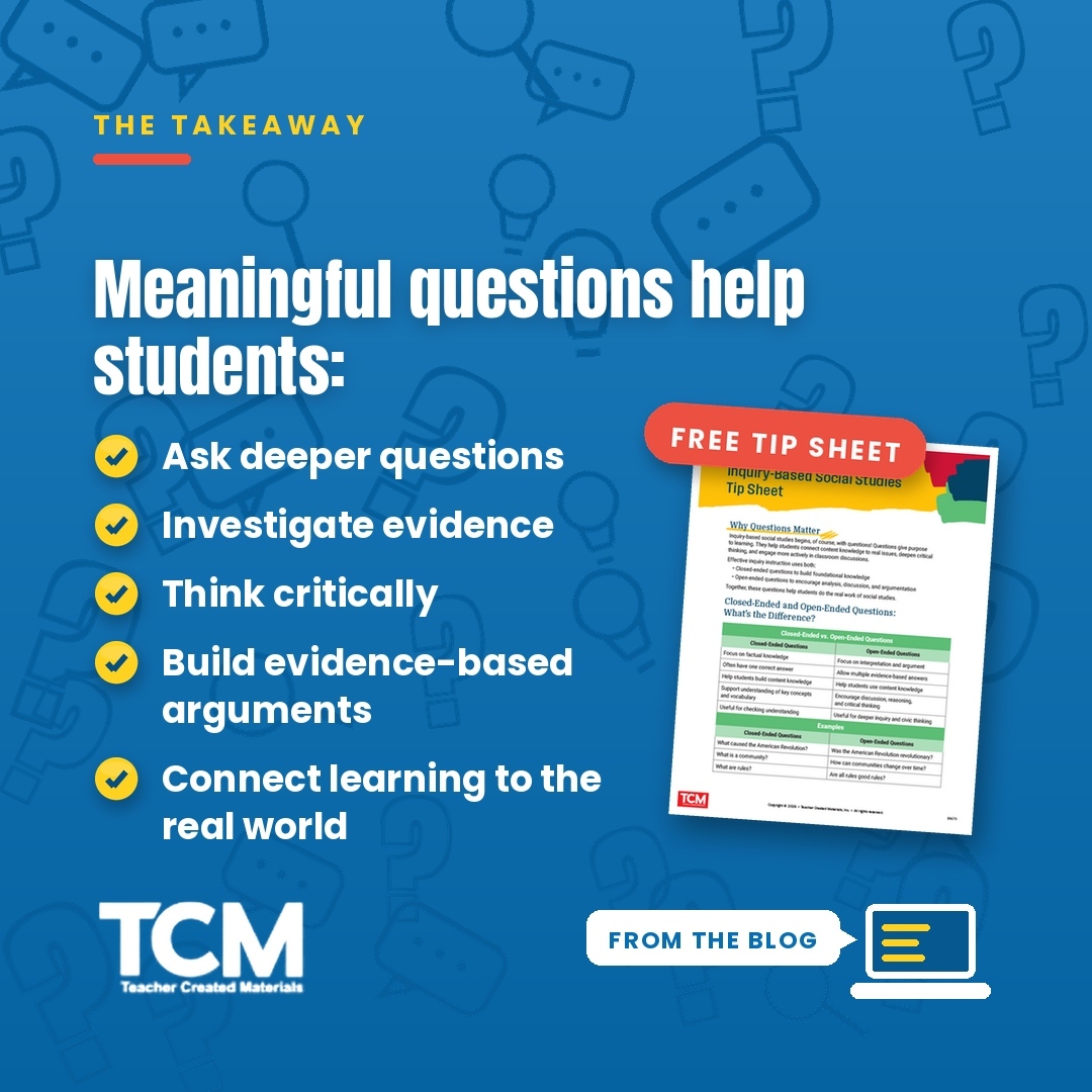 tcmpub's tweet photo. Inquiry-based social studies begins with meaningful questions. 🌎 

Start with this blog, plus grab a FREE tip sheet with strategies and examples: https://t.co/KOTF1I9shO https://t.co/8WeNI6GVyF
