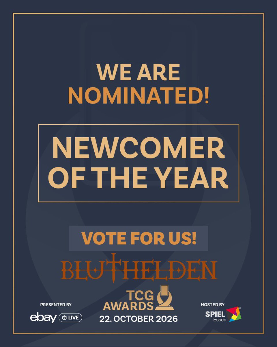 BlutheldenR's tweet photo. 🚨Hi TCG community voting for the 2026 TCG Awards is online. Until August 21, 2026, you can vote‼️
🗳️ Vote for Bluthelden TTCG as "Newcomer of the Year"‼️
https://t.co/O3oOpsaxoE
#blutheldentcg #ttcg #Leros #cardgaming https://t.co/RXdTYtvsJD
