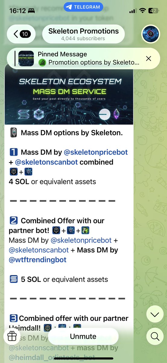 MainForce82388's tweet photo. You can actually create more awareness if you get listed on skeleton ecosystem 
You should be able to gain more visibility by running the skeleton mass dm campaign and buybot button rent ads to reach out to thousands of groups across telegram 

https://t.co/m7Ba0uSV5Q https://t.co/2S5CoyFBwk