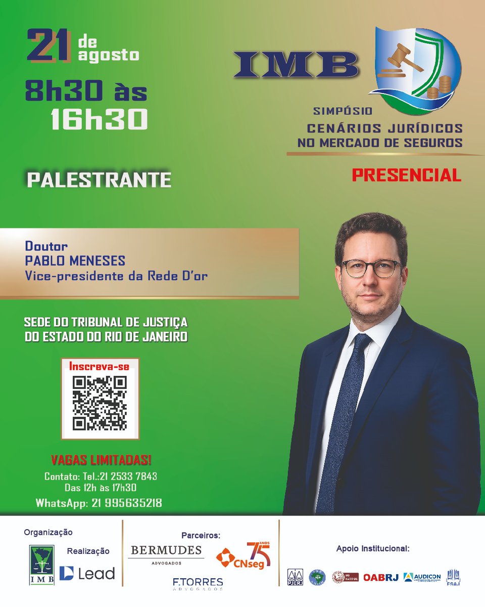 DosInstituto's tweet photo. https://t.co/NgWmiEnpa7
Pablo Meneses

O Vice-Presidente da Rede D'Or, Pablo Meneses, participa do Simpósio Cenários Jurídicos no Mercado de Seguros.

Debates que conectam Direito, gestão e mercado.

📅 21 de agosto
📍 TJRJ

https://t.co/NgWmiEnpa7 https://t.co/p4fz0z4OYp
