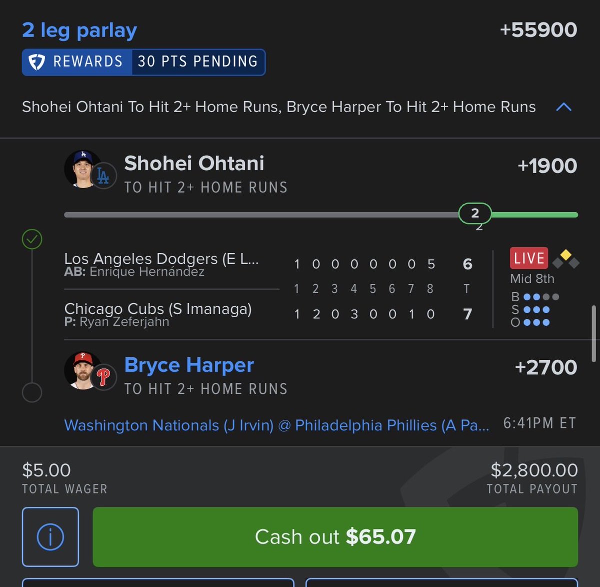 Sheeeesh1221's tweet photo. @THEGAMBLINGGAWD Should I cash out ?? Bryce to hit two is a stretch I know. https://t.co/KMHg5MboH9