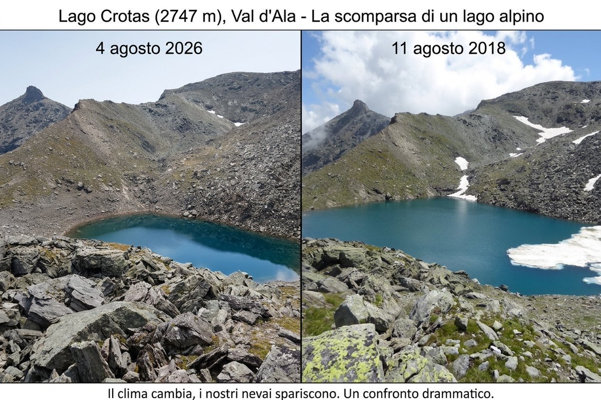 Beppeley's tweet photo. 📸 La #solastalgia in uno scatto. Lago Crotas (2747m), Val d'Ala: a destra l'11/08/2018 con i suoi nevai, a sinistra oggi 2026 con il bacino svuotato e rocce nude. La prova visiva della crisi climatica sulle nostre Alpi.
#crisiclimatica #Alpi #ValdAla #VallidiLanzo #AlpiGraie https://t.co/k2QsQ1avRC