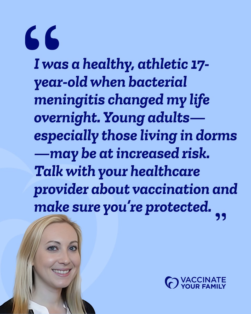 Vaxyourfam's tweet photo. At 17, Francesca Testa’s life was changed overnight by bacterial meningitis. Before heading to college, #MakeTheCall and ask which vaccines are recommended for you.
Start your #FirstDayVax checklist: https://t.co/YzBqhryqY6
https://t.co/2ohIOijn3K
#vaxyourfam https://t.co/cvabSbZ8F6