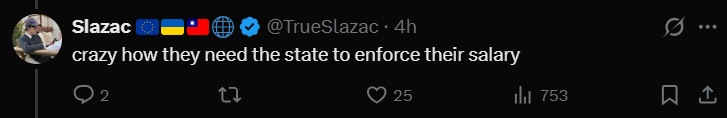 Luistr640's tweet photo. @CapoEnthusiast @Peachy_As_Hell @shanewallick @TrueSlazac "crazy how they need the state to enforce their salary"
No it isnt, this is the case for most salaries https://t.co/wYigpXc5LW