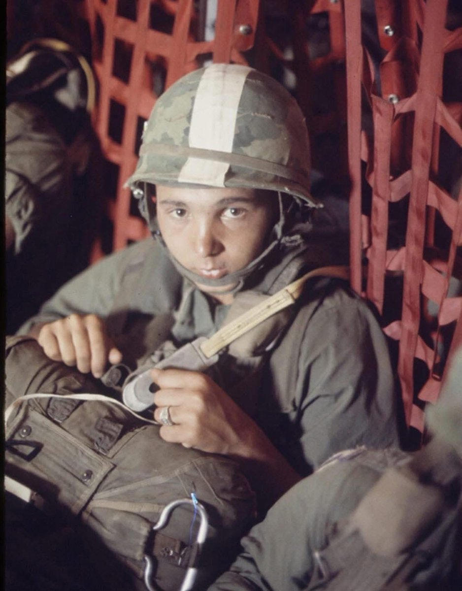 ASOMF's tweet photo. Nineteen years old. Vietnam. Moments away from the jump.

Private First Class Helmut Schmuck prepares to jump with the 173rd Airborne Brigade in 1967.

Behind photographs like this are young Soldiers facing moments most of us can only imagine, and stepping forward anyway. https://t.co/o4vKVk2AX4