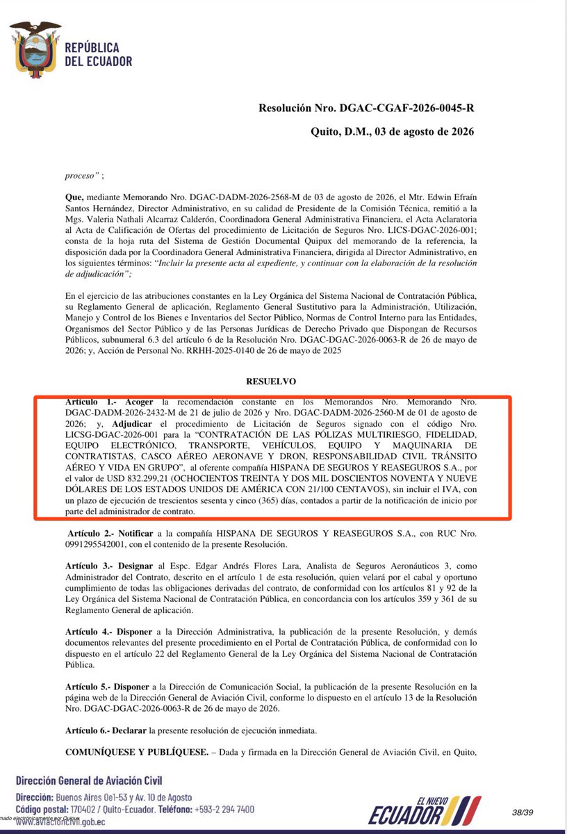 Carlos2025CNA's tweet photo. 🚨URGENTE 🚨 
#JuanPabloFranco, Director de la DAC, adjudicó el 03 de agosto a Hispana Seguros un contrato por $832 mil USD .

🚫El problema: El Sercop mantiene ese concurso #SUSPENDIDO.

¿Cómo adjudican algo que está suspendido?

Ministro #RobertoLuque ¿qué va a hacer al respecto?