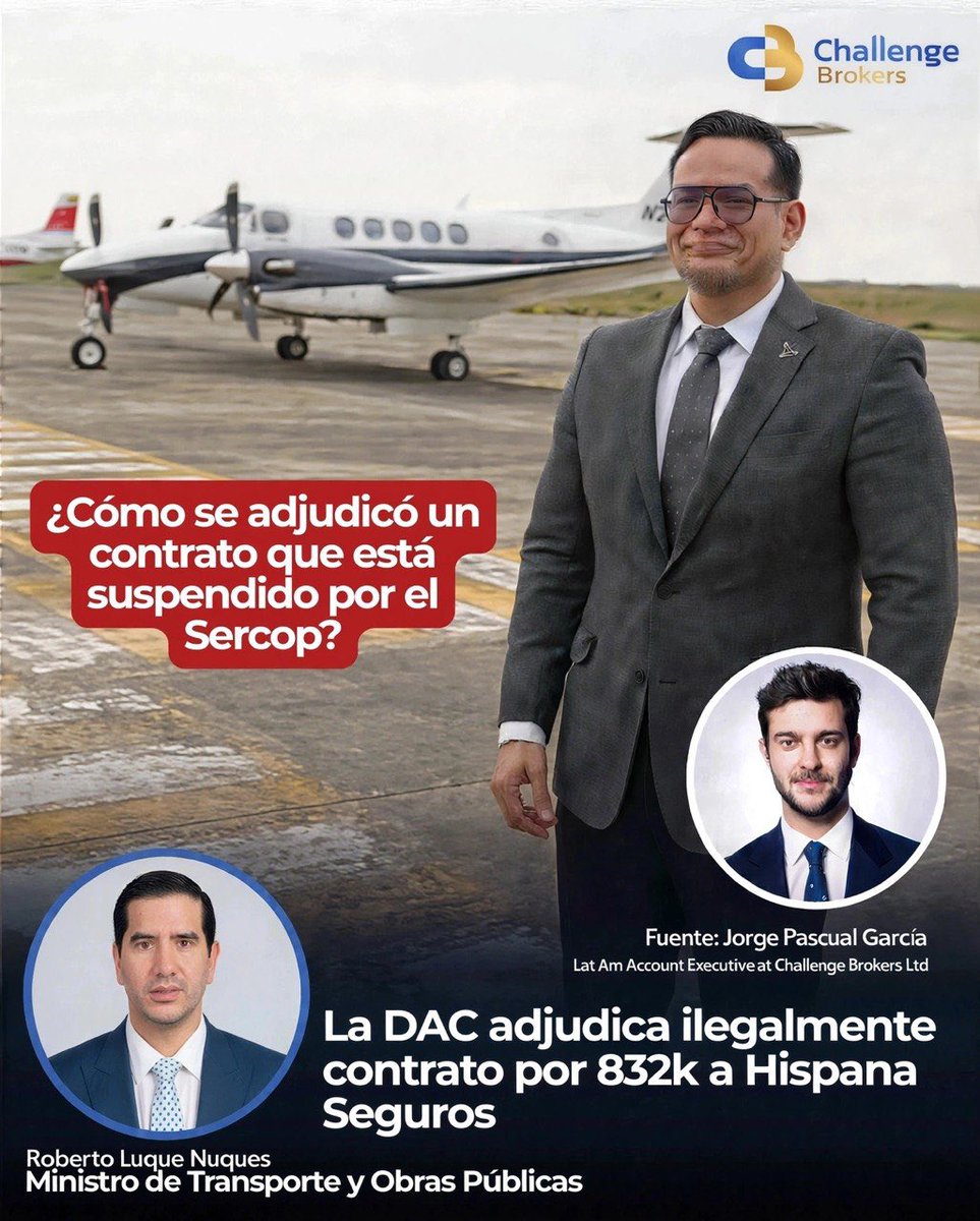 Carlos2025CNA's tweet photo. 🚨URGENTE 🚨 
#JuanPabloFranco, Director de la DAC, adjudicó el 03 de agosto a Hispana Seguros un contrato por $832 mil USD .

🚫El problema: El Sercop mantiene ese concurso #SUSPENDIDO.

¿Cómo adjudican algo que está suspendido?

Ministro #RobertoLuque ¿qué va a hacer al respecto?