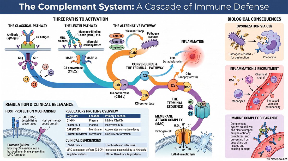 drmmks's tweet photo. 🛡️ The complement system is a key arm of innate immunity.  Classical, lectin &amp; alternative pathways, MAC formation, and the role of complement in host defense. 🔬 Better understanding = better diagnostics &amp; disease management. #VeterinaryImmunology #VetMed #SciWhizMicrobiology https://t.co/2AovmpjChD