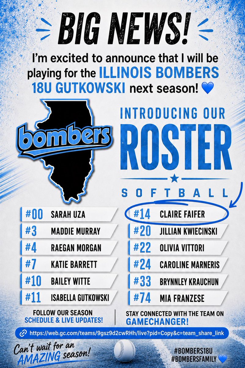 ClaireFaifer28's tweet photo. Excited to announce that I’ll be playing with Illinois Bombers 18U Gutkowski this season! Thankful for every coach, teammate, and opportunity that’s helped me get to this point. Ready to put in the work, keep improving, and compete! Let’s have a season! 💙🥎💣 @bombers18ugutko https://t.co/IWcptFuqFC