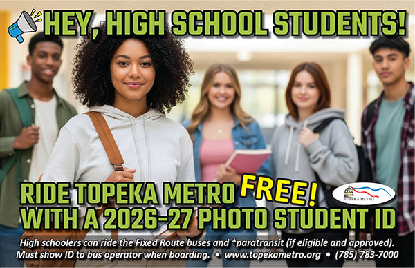 TopekaMetro's tweet photo. ALL High School students can ride the Topeka Metro fixed route buses this school year! Students need to have a current 2026-27 PHOTO STUDENT ID in order to ride for free. Otherwise, students would need to pay the youth fare of $1.50. #HopOnTopekaMetro 1 of 2 https://t.co/gU5ZBdV5eH