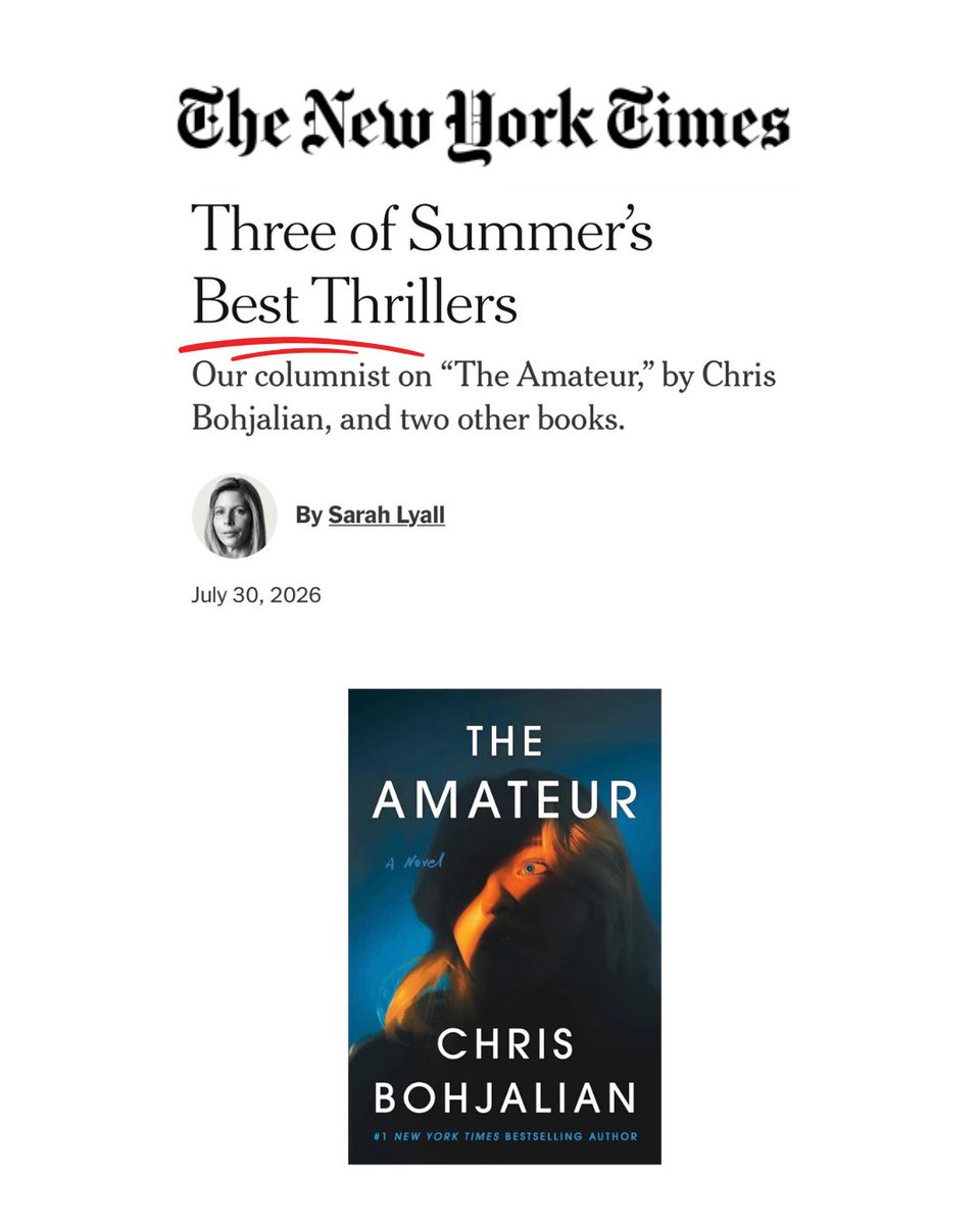 ChrisBohjalian's tweet photo. The New York Times Book Review has spoken. So grateful to Sarah Lyall for her faith in my work. 

The Amateur is out now. Link to her review here: https://t.co/HaqncXJQSo

Get your copy today! And it is still 50% off at Amazon, Barnes &amp; Noble, and https://t.co/psuP6xhN40 .) https://t.co/vFM4yP4te1