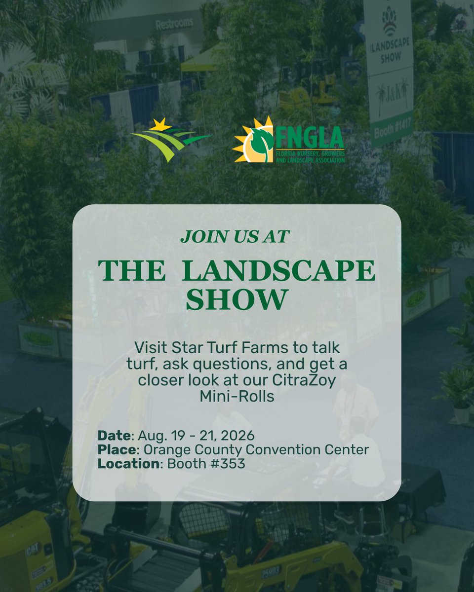 StarTurf_Farms's tweet photo. We'll be at The Landscape Show in Orlando with @FNGLA this month!
📍 Orange County Convention Center, Orlando, FL
📅 August 19th-21st, 2026
📍 Booth #353
Get more info here: https://t.co/lPJcTuAfSL. See you at the show.
#LandscapeShow #LandscapeShow26 https://t.co/bRjJbMaLvA
