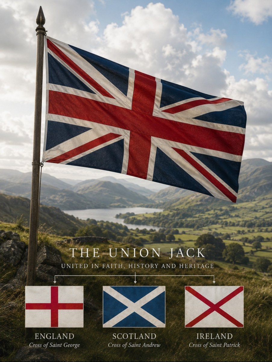Englishremnant's tweet photo. The Union Flag is more than a flag - it is three Christian crosses united as one.

The Cross of St. George for England.

The Cross of St. Andrew for Scotland.

The Cross of St. Patrick for Ireland.

Together they form one of the world's most recognisably Christian national flags, reflecting the faith that shaped the history and identity of these islands. It is a reminder that our nation was built on Christian foundations and that Christ was central to our heritage.

The modern left despises it because it reminds them of what they've tried to erase: that our nation was built on Christian foundations, not secular woke ideologies.

The Union Flag isn't just a national emblem - it's a reminder of the Christian heritage that helped shape our nation.

Rule Britannia 🇬🇧