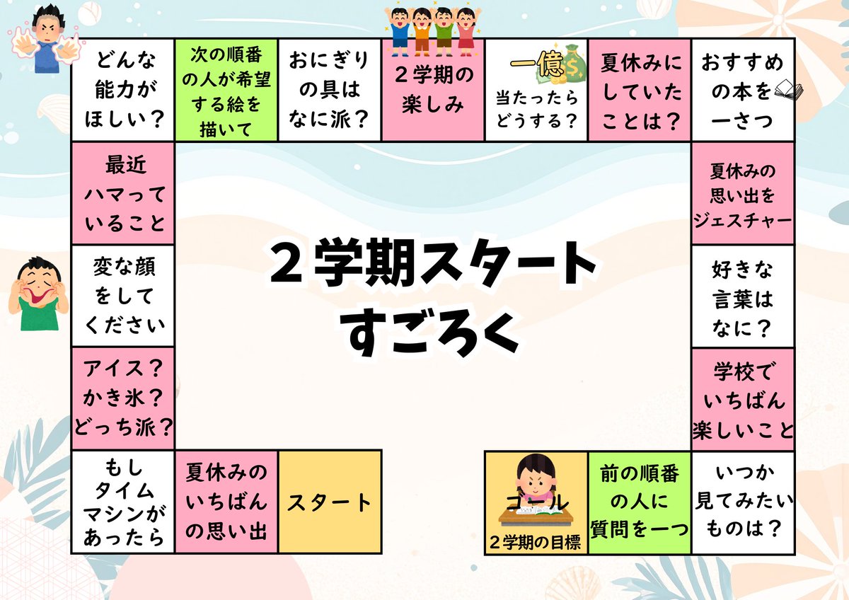 ugteacher0220's tweet photo. ⭐️２学期スタートすごろく

夏休み明けの学級活動にぴったりのすごろく！

２学期の目標や夏の思い出を楽しくシェアしながら、自然とクラスの空気をあたためることができます。

笑いながら交流ができる仕掛けにしました🎲

🎁リポストとリプでプレゼント

#教職員垢で朝の挨拶を