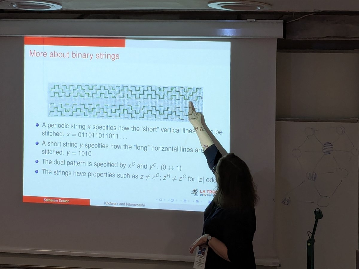 msmathcomp's tweet photo. The second afternoon session at the @BridgesMathart conference is "Hitomizashi Galore": The first talk is by Katherine Seaton on "Interleaved Friezes: Celtic Knotwork and Hitomezashi." (https://t.co/LXZhaEBub4) She talks us through which Friezes can be done via Hitomezashi. (1/2) https://t.co/NNO4NlLCyl