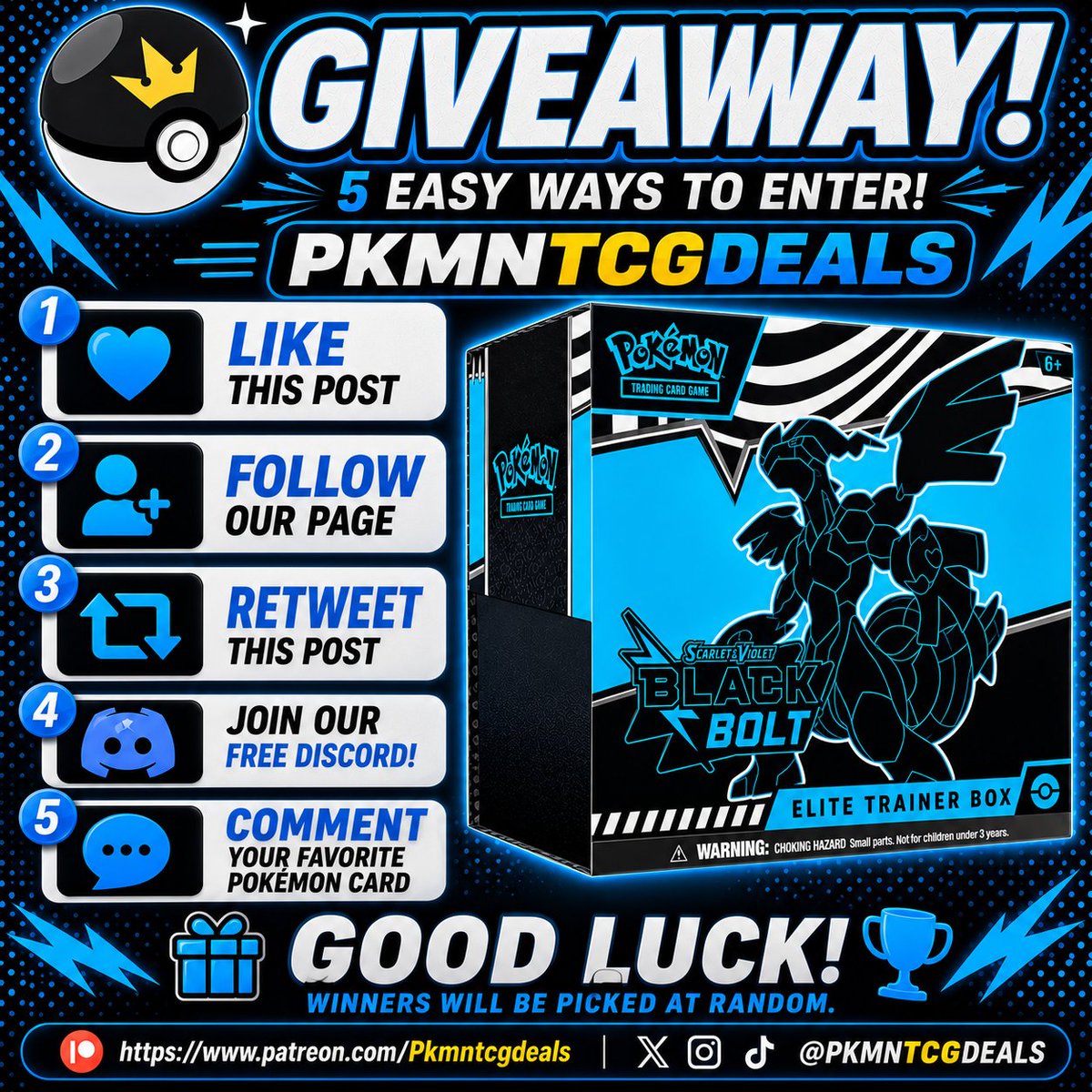 PKMNTCG_Deals's tweet photo. BLACK BOLT  ETB GIVEAWAY!

100% free to win!

How to enter!
1. Like this post
2. Follow our page
3. Retweet
4. Join our free discord!
5. comment your favorite Pokémon card!

https://t.co/j6ulGRxJ3Q

We are also giving away a Destined Rivals Booster box on our discord!

We are at 95,000 members and climbing, let us help you but Pokémon cards at MSRP with our discord!

#giveaway #free #discord #pokemon #pokemoncards #drops #rips #pulls #hits #blackbolt #whiteflare