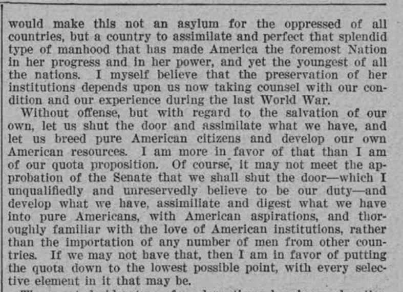 Cibocz's tweet photo. @darthroach_ @Solar122isTaken @CivilModerate @KarolusWangus The Johnson Reed act was about assimilation and not the "whiteness" of Italians. Here's the actual senate debates. Notice how Italians and Germans are mentioned together, then non Europeans are mentioned more generally. https://t.co/pa3aZ1WR8q