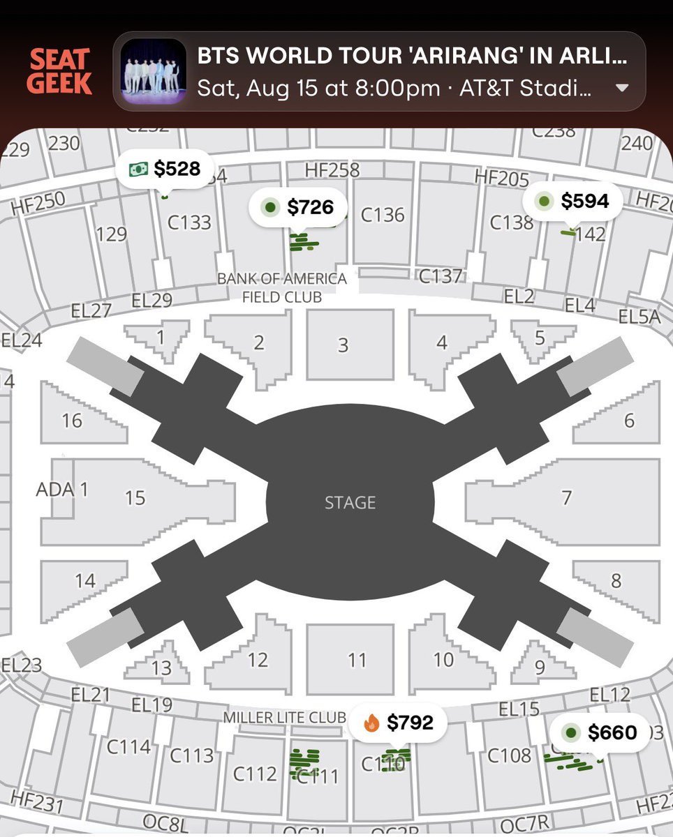 trinhers's tweet photo. SEATGEEK RELEASED ADDITIONAL PRODUCTION TICKETS IN THE 100 LEVEL SECTIONS FOR BOTH DATES  FOR BTS IN ARLINGTON. GO GO GO.

TICKETS RANGE FROM $528 TO $728+! https://t.co/Lh9W8aYsFF