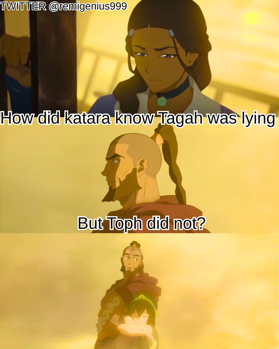 remigenius999's tweet photo. I’m still here wondering how KATARA knew something was off about Tagah

But TOPH couldn’t tell he was lying at any point in the animation

It’s like the writers forgot TOPH’s ability to detect if a person was lying because she literally never used it in the movie https://t.co/JhTfFeqKpV