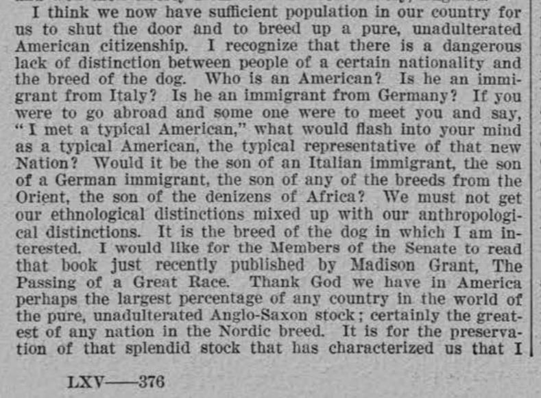 Cibocz's tweet photo. @darthroach_ @Solar122isTaken @CivilModerate @KarolusWangus The Johnson Reed act was about assimilation and not the "whiteness" of Italians. Here's the actual senate debates. Notice how Italians and Germans are mentioned together, then non Europeans are mentioned more generally. https://t.co/pa3aZ1WR8q