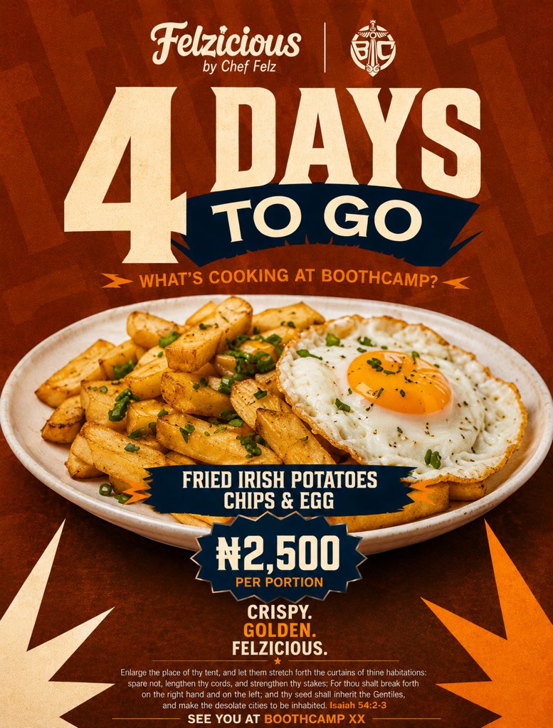Chef_Felz's tweet photo. Due to popular demands, Fried Irish Potatoe Chips and Egg would be replacing Chips and Cream Sauce this year 😍🔥 and the portions? Bigger!😋😋

It's 4 days to go fam!
See you in camp!
@YWAPhq https://t.co/xQCPJ6scJw